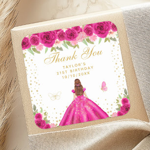 Adesivo Quadrado Festa de aniversário da Princesa do Cabelo Castanh