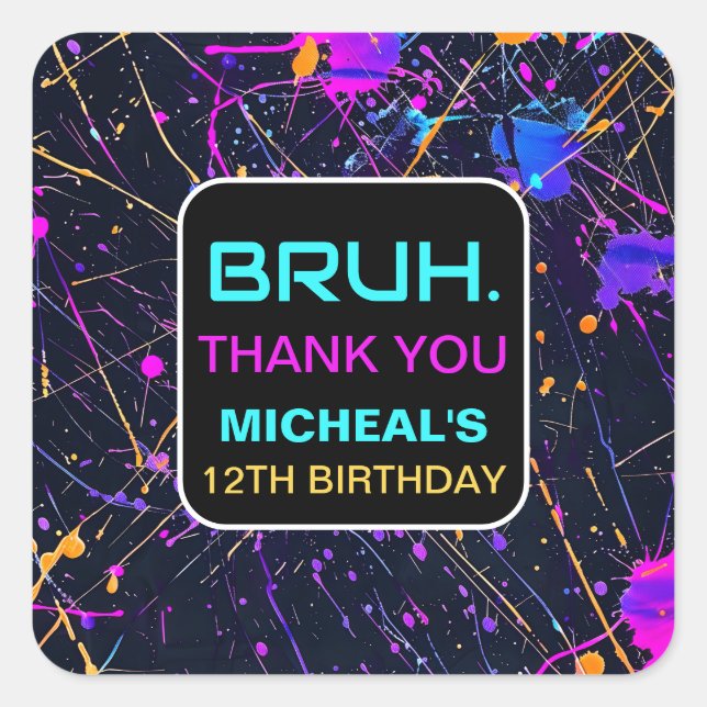 Adesivo Quadrado Festa de aniversário de 12 de pintura neon (Frente)