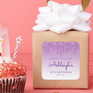 Adesivo Quadrado Festa de Aniversário de 18 Anos Purple Glitter Dri