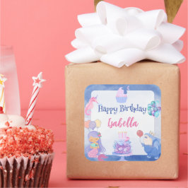 Adesivo Quadrado Festa de aniversário de Aquarela Cachorro-Arco-Íri