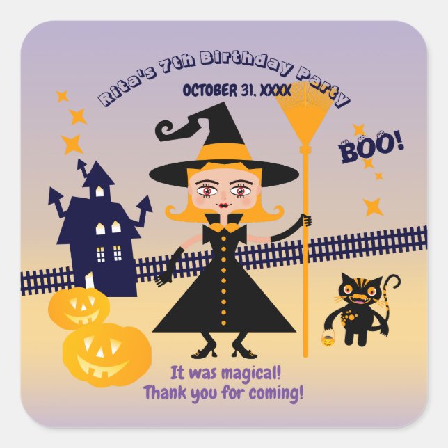 Adesivo Quadrado Festa de aniversário de bruxa de fantasia do Hallo (Frente)