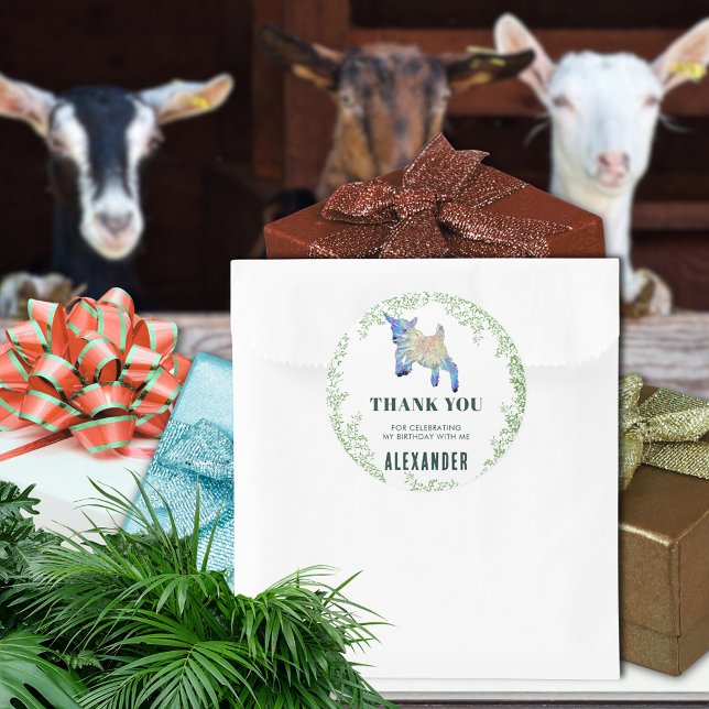 Adesivo Quadrado Festa de aniversário De Cabra Isolada Obrigado (Cute jumping baby goat colorful farm animal art birthday party thank you favor sticker)