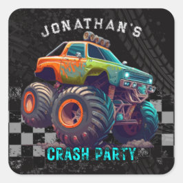 Adesivo Quadrado Festa de aniversário de Comício de Caminhão Monstr