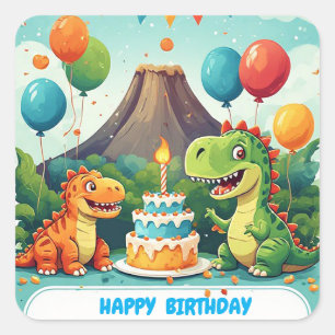 Adesivo Quadrado 🎉 Festa de Aniversário de Dinossauro Fofo para Cr