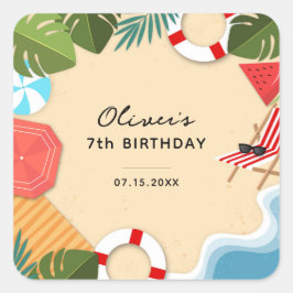Adesivo Quadrado Festa de aniversário de Diversão de Verão da Praia