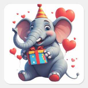 Adesivo Quadrado Festa de Aniversário de Elefante Fofo Com Presente