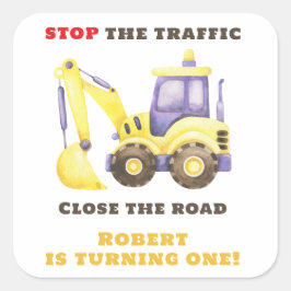 Adesivo Quadrado Festa de aniversário de Escavador de Caminhão de C