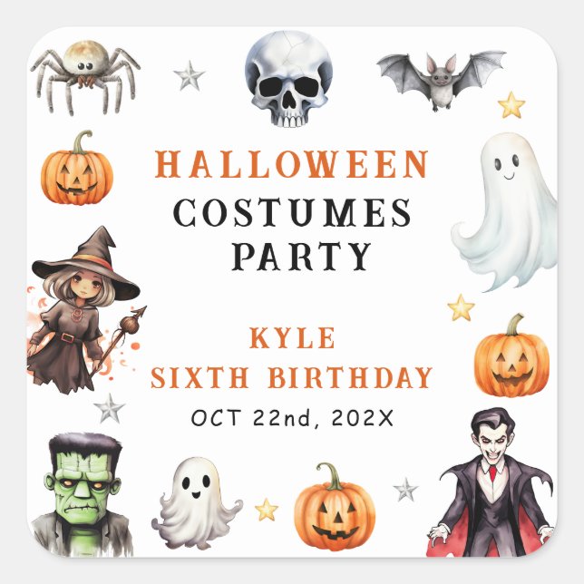 Adesivo Quadrado Festa de aniversário de Figurinos de Halloween de  (Frente)