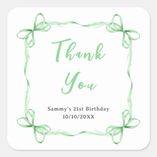 Adesivo Quadrado Festa de aniversário de Fita Verde - Obrigado
