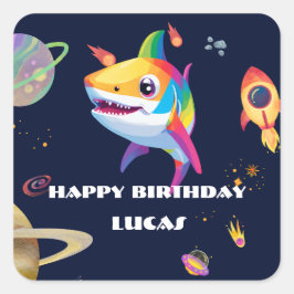 Adesivo Quadrado Festa de aniversário de foguetes Galáxia de Tubarã