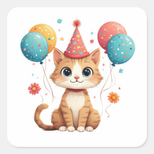 Adesivo Quadrado Festa de Aniversário de Gatinho Fofo com Chapéu e 