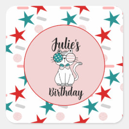 Adesivo Quadrado Festa de aniversário de Gatos Patrióticos e Estrel