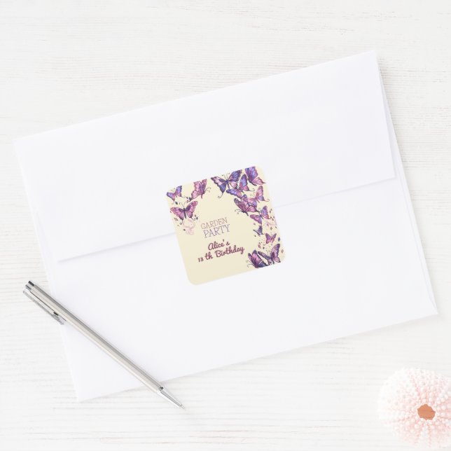 Adesivo Quadrado Festa de aniversário de jardim com borboletas (Envelope)