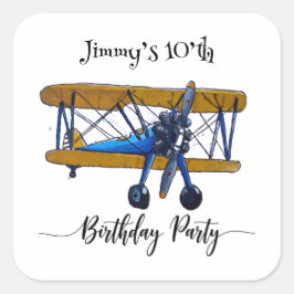 Adesivo Quadrado Festa de aniversário de meninos com biplano azul e