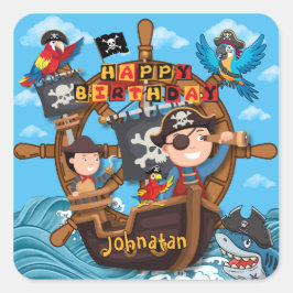 Adesivo Quadrado Festa de Aniversário de Pirata para Crianças