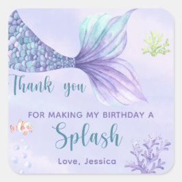 Adesivo Quadrado Festa de aniversário de Sereia debaixo do Mar.