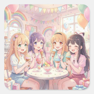 Adesivo Quadrado Festa de Aniversário de Sorvete de Menina de Anime
