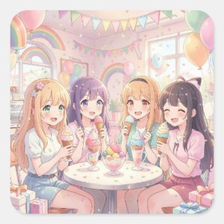 Adesivo Quadrado Festa de Aniversário de Sorvete de Menina de Anime