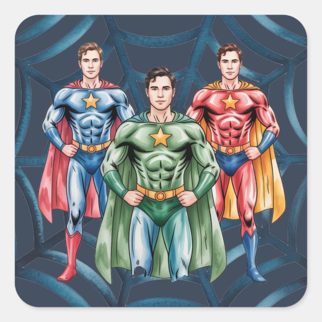 Adesivo Quadrado Festa de aniversário De Super-Herói Para Meninos (Frente)