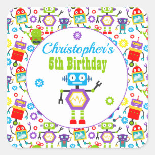 Adesivo Quadrado Festa de aniversário de Tema de Robô de Cartoon