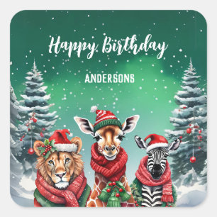 Adesivo Quadrado Festa de aniversário de uma árvore de Natal Zebra,