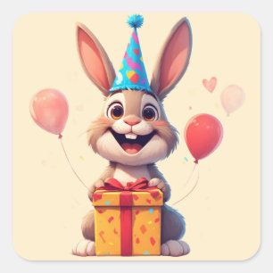 Adesivo Quadrado 🐰 Festa de Aniversário do Coelhinho Fofo Com Pres