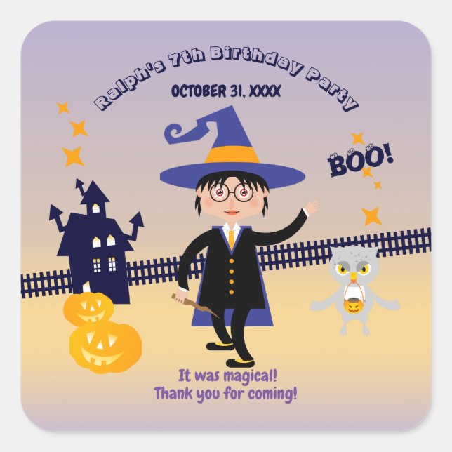 Adesivo Quadrado Festa de aniversário do Feiticeiro do Halloween (Frente)