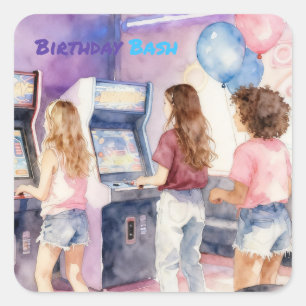 Adesivo Quadrado Festa de Aniversário Infantil Neon Aquarela Arcade