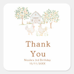 Adesivo Quadrado Festa de Aniversário na Fazenda das Galinhas Fofas