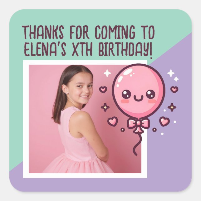 Adesivo Quadrado Festa de aniversário Personalizada Foto do Balão d (Frente)