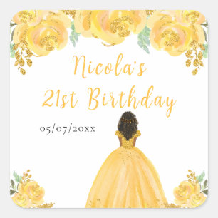 Adesivo Quadrado Festa de Aniversário Princesa de Pele Morena Flore
