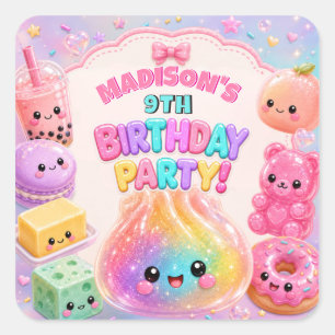 Adesivo Quadrado Festa de Aniversário Squishies Brilho Arco-Íris