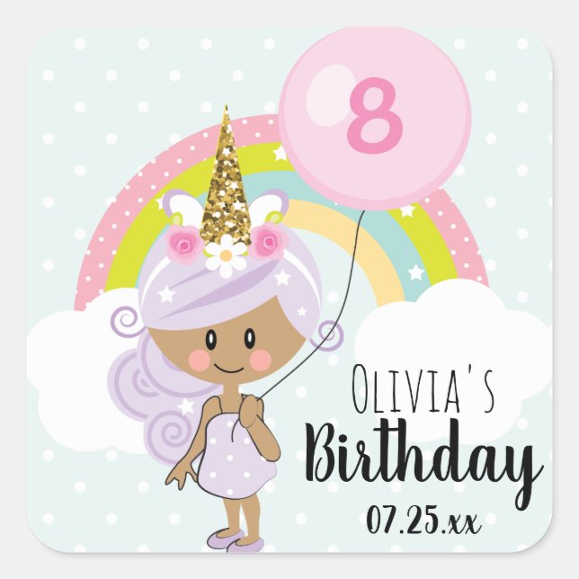 Adesivo Quadrado Festa de aniversário Unicórn Obrigado Tom Escuro D (Frente)