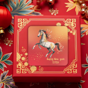 Adesivo Quadrado Festa de Ano Novo Chinês 2026 Cavalo