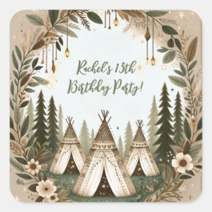Adesivo Quadrado Festa de Boho Forest Teepee Sleepover Encantada