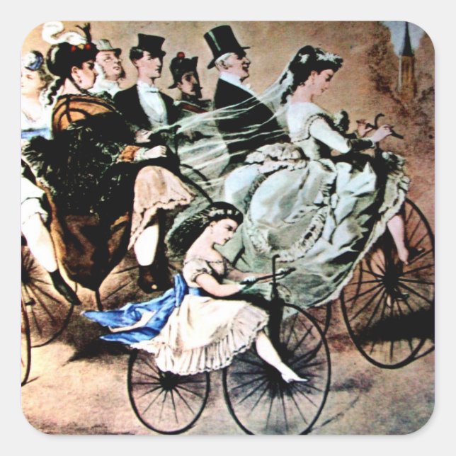 ADESIVO QUADRADO FESTA DE CASAMENTO DE BICICLETA AZUL PRETA AMARELA (Frente)