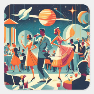 Adesivo Quadrado Festa de Cocktail da Era Espacial dos Meados do Sé