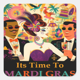 Adesivo Quadrado Festa de Cocktail Mardi Gras Meados do Século