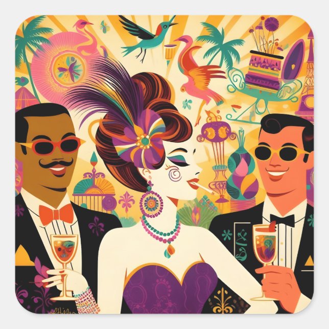 Adesivo Quadrado Festa de Cocktail Mardi Gras Meados do Século (Frente)