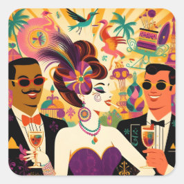 Adesivo Quadrado Festa de Cocktail Mardi Gras Retro Meados do Sécul