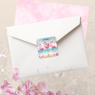 Adesivo Quadrado Festa de Comemoração de Flamingo Dança e Aniversár