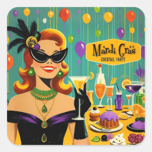 Adesivo Quadrado Festa de Coquetel Martini Retro 50s Mardi Gras