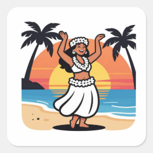 Adesivo Quadrado Festa de dança havaiana na praia pôr do sol ilha t