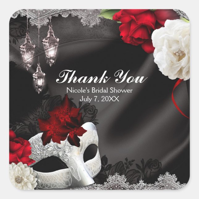 Adesivo Quadrado Festa de Floral e Mascarada de Lace de Seda Negra  (Frente)