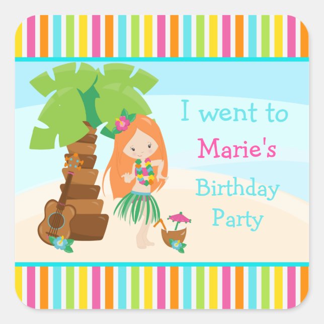 Adesivo Quadrado Festa de Garota Vermelha de Aloha Cute (Frente)
