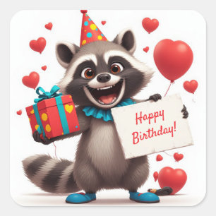 Adesivo Quadrado Festa de Guaxinim Fofa com Caixa de Presente 🦝