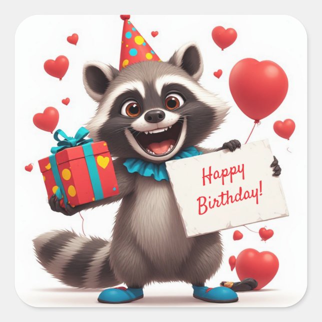 Adesivo Quadrado Festa de Guaxinim Fofa com Caixa de Presente 🦝 (Frente)