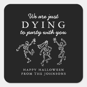 Adesivo Quadrado Festa de Halloween com Esqueletos Desenhados à Mão