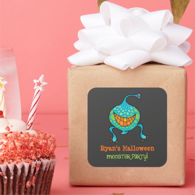 Adesivo Quadrado Festa de Halloween do Alienígena do Monstro Verde (Festa)