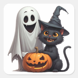 Adesivo Quadrado Festa de Halloween do Fantasma e Gato Preto 👻